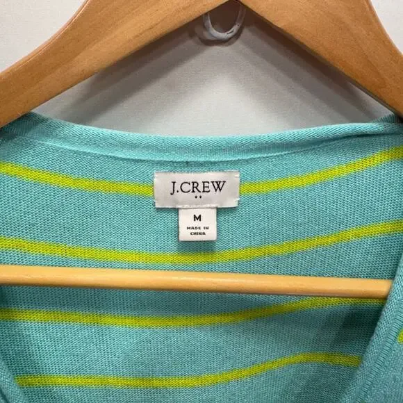 J.Crew Linen Blend Striped Sweater Top Sz M Green Yellow V-Neck Short Sleeve - Picture 4 of 9